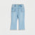Light blue denim jeans with a high waist, front patch pockets, and a raw frayed hem, shown flat against a light gray background.