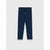 A pair of dark navy blue jeans with a drawstring waistband and rolled cuffs, displayed flat against a light gray background.