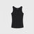 A black sleeveless tank top with a scoop neck and a three-button henley collar, displayed flat against a light gray background.