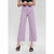 A model wearing lavender wide-leg cropped pants with a black top and black heeled sandals, shown from the waist down against a light gray studio background.