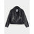 A black faux leather moto jacket with silver zippers and snap details, displayed flat against a light gray background.
