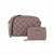 A taupe leather crossbody bag with a woven basketweave pattern on the front, a matching zip-around wallet, and gold-tone hardware, including a chain strap and a visible 'babe' logo on both items, set against a plain white background.