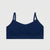 A navy blue ribbed knit sports bra with thin shoulder straps, displayed flat against a light gray background.