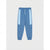 Blue jogger sweatpants with light blue side panels and a matching drawstring, shown flat on a light gray background.