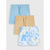 Three pairs of kids' drawstring shorts stacked vertically on a light gray background. The top pair is light blue, the middle is tan, and the bottom is white with a blue and green tie-dye pattern.