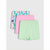 Three pairs of girls' shorts stacked together on a light gray background. The front pair is mint green with white polka dots, the middle pair is solid pink, and the back pair has a tropical leaf print with green, pink, yellow, and blue colors.