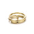 A polished gold-toned ring with a minimalist, overlapping double-band design and a small rectangular accent, shown on a clean white background.