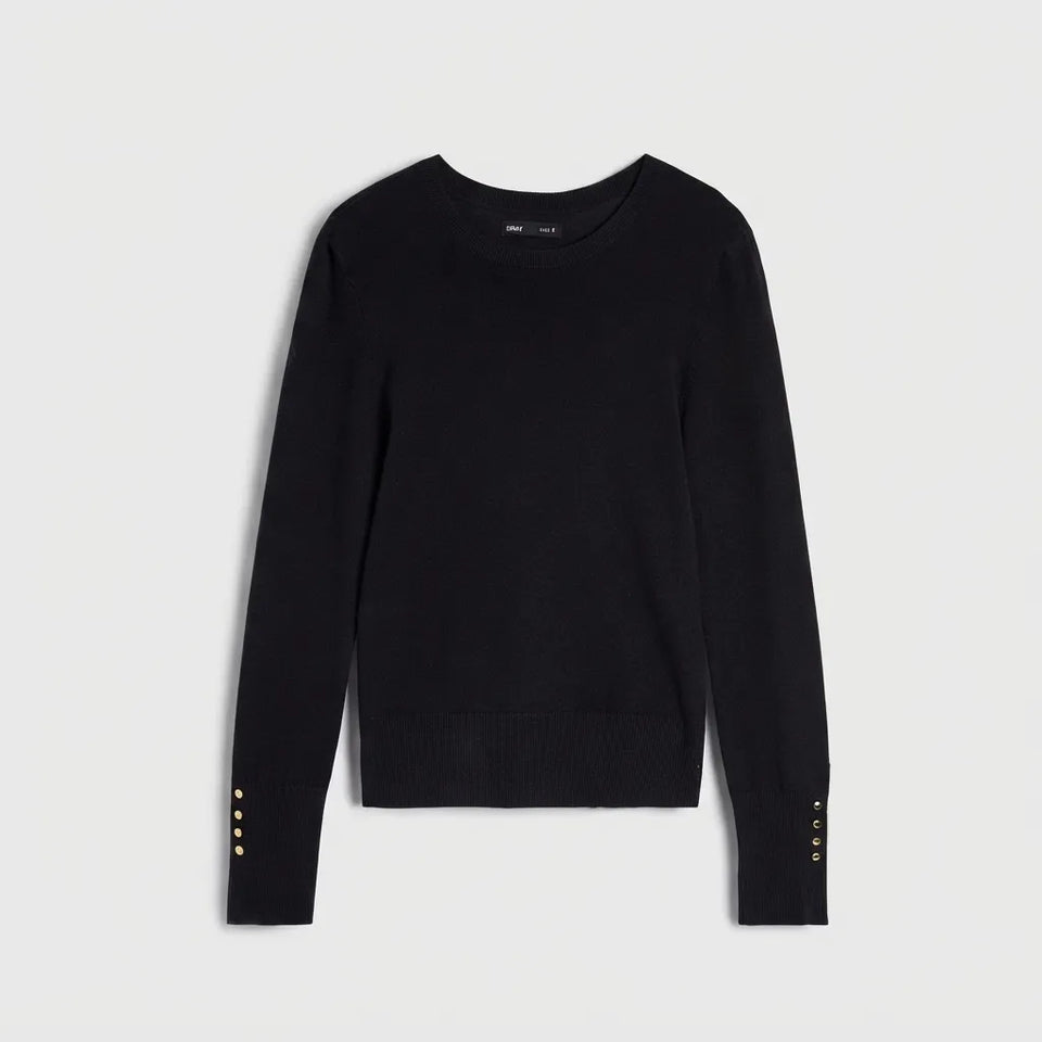 A black long-sleeve crewneck sweater with gold button accents on the cuffs, displayed flat against a light gray background.