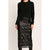 A model wearing a black long-sleeve button-front cardigan and a black sequined midi skirt, shown against a plain light beige studio background.