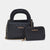 Black quilted handbag with a top handle, gold chain strap, and a matching zip-around pouch, both featuring the 'bebe' logo in gold on a light gray background.