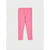A pair of bright pink leggings with an elastic waistband, laid flat against a light gray background.