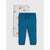Two pairs of children's jogger pants laid flat on a light gray background. The front pair is solid teal blue with a drawstring waist, and the back pair is light gray with a repeating fox print in tan and cream.