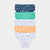 A five-pack of women's briefs stacked vertically on a light gray background. The set includes one navy blue floral print pair, one solid mint green pair, one white floral print pair, one solid orange pair, and one white floral print pair.