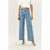 A model wearing light blue wide-leg denim jeans, paired with a white cropped button-up top and white strappy high-heeled sandals, shown against a plain off-white studio background.