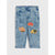 Light blue denim toddler pants with rolled cuffs and embroidered construction-themed patches, shown flat against a light gray background.