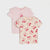 Two children's short-sleeve T-shirts laid flat on a light gray background. The back shirt is light pink with ruffled sleeves and a small red cherry print.