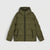 An olive green hooded puffer jacket with a black front zipper and black zippered hand pockets, displayed flat against a light gray background.