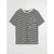 A short-sleeve crewneck t-shirt with horizontal black and white stripes, featuring a small chest pocket with white embroidered details, displayed flat against a light gray background.