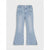 Light wash blue denim jeans with heart-shaped patch pockets and a flared bootcut silhouette, shown flat against a light gray background.
