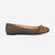 A single Michael Kors flat shoe in brown monogram canvas with a smooth brown leather toe cap and strap detail, shown in profile against a light gray background.