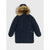 A dark navy blue puffer jacket with a brown faux-fur trimmed hood, featuring a front zipper, snap buttons, and front flap pockets, shown against a light gray background.