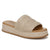 A single women's slide sandal with a thick braided jute platform sole and a wide woven beige upper, shown on a plain white background.