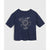 A navy blue short-sleeve t-shirt with a celestial graphic on the front, featuring a stylized sun, moon, stars, and clouds in white and light gray, displayed against a light gray background.