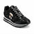 A black Karl Lagerfeld sneaker featuring a sequined upper, a glossy black toe cap, white stripes on the midsole, and a cartoon skull logo on the side.