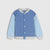 A children's long-sleeve cardigan with a heathered blue body, light blue sleeves, and gray ribbed trim on the collar, cuffs, and hem, featuring a button-up front.