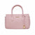 A light pink textured leather handbag with double top handles, a hanging gold padlock charm, and the brand name 'bebe' in gold lettering on the front, set against a plain white background.