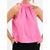 A woman wearing a bright pink halter-neck top with a gathered neckline and side cutouts, paired with black pants, against a plain white background.