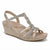 A single women's wedge sandal in a champagne beige and metallic silver tone, featuring a braided crystal-embellished T-strap and crystal-encrusted ankle strap, shown on a white background.