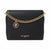 A black pebbled leather crossbody bag by Karl Lagerfeld featuring a prominent gold-tone chain strap draped across the front and a circular gold-tone logo charm.