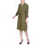 A woman modeling an olive green military-style shirt dress with a tie waist belt, button-down front, and three-quarter sleeves, paired with black high heels against a plain white background.