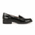A single black patent leather penny loafer with a low block heel, shown in a side profile view against a plain white background.