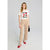 A woman modeling a white graphic T-shirt with red tulips and the text 'RENOUTE EVERYDAY', paired with beige wide-leg trousers and red flats, holding a small black handbag against a light gray studio background.