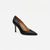 A single black leather pointed-toe pump with a slim high heel and subtle gold nailhead trim along the edge, shown on a clean white background.