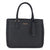 A black tote bag with a pattern of small gold studs and a gold-tone 'bebe' logo on the front, featuring dual top handles and a hanging leather tag, set against a plain white background.
