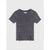 A dark gray ribbed short-sleeve top with vertical ruffle details down the front and tie-front laces at the hem, shown flat on a light gray background.