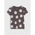 A dark gray short-sleeve t-shirt with a cream-colored floral print, featuring ruffled detailing on the shoulders, displayed flat against a light gray background.