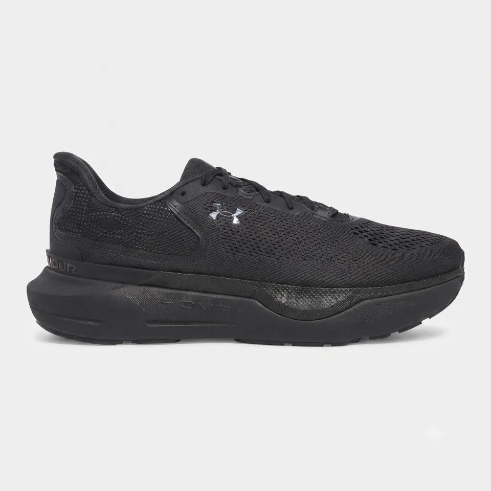Black running shoe with gray sole on a white background