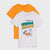 Two short-sleeve graphic T-shirts layered on a light gray background. The front shirt is light heather gray with a colorful 'Creative Skaters' graphic, and the shirt behind it is solid bright orange.