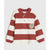 A long-sleeve children's polo shirt with horizontal red and off-white stripes, featuring a three-button placket and a circular patch on the chest with a green cartoon character.