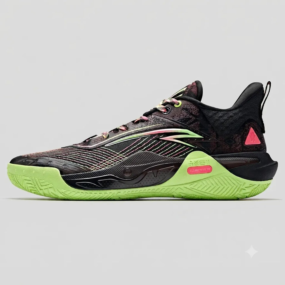 A single athletic sneaker shown in profile against a light gray background. The shoe has a black and dark gray textured upper with subtle pink and green accents, a black heel, and a bright neon green sole.