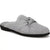 A light gray knit slip-on mule shoe with a decorative bow detail across the instep and a contrasting black sole, shown against a plain white background.