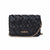Black woven leather crossbody bag with a gold-tone chain strap and 'bebe' logo on the front, shown on a plain white background.