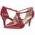 A pair of red patent leather high-heeled pumps with pointed toes, criss-crossing ankle straps, and a small bow detail, shown against a plain white background.