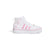 White high-top sneaker with pink accents on a white background