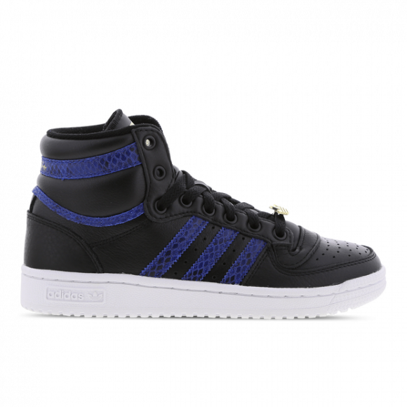 Black high-top sneaker with blue accents on a white background