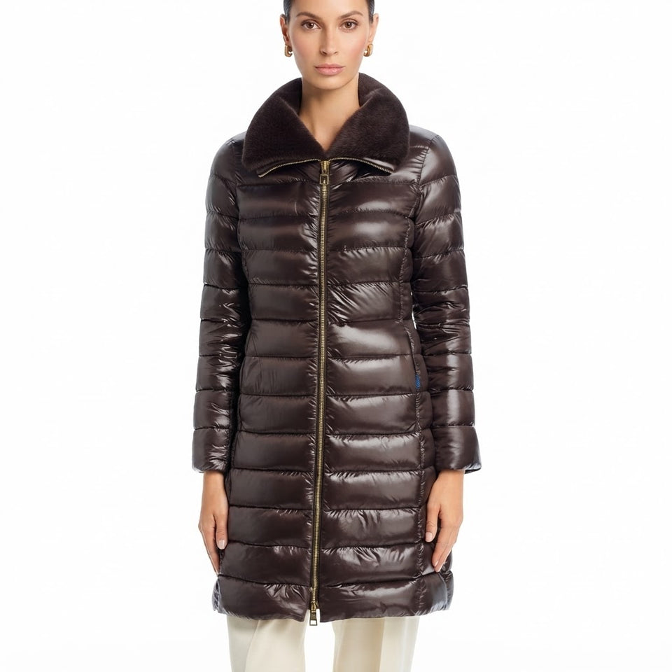 Herno Women's Brown Faux-Fur Collar Quilted Puffer Coat